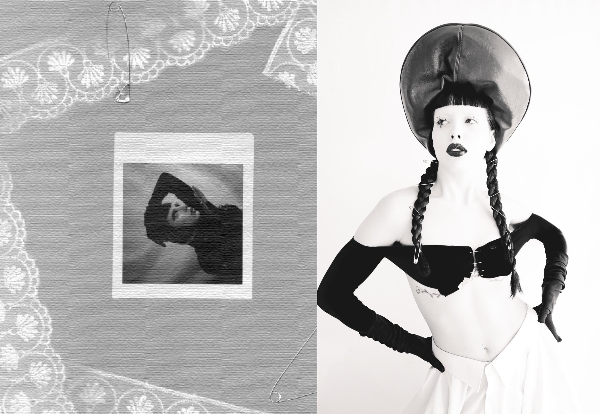 Díptico: polaroid en blanco y negro sobre fondo de encaje, junto a retrato con sombrero de cuero y trenzas